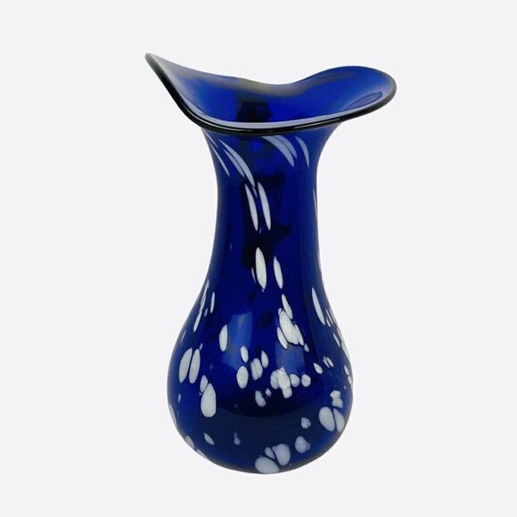 VTG Blue Speckled Blown Art Glass Pitcher White Splatter Swirl Applied Unique - Picture 4 of 12